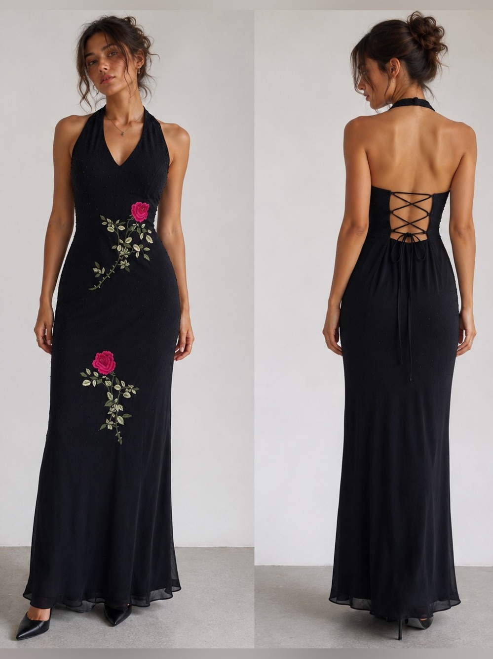 VTG Y2K Halter Formal Dress 6 Embroidery Beaded Corset Back Prom Maxi Whimsigoth